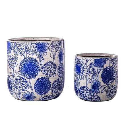 URBAN TRENDS COLLECTION Ceramic Round Pot with Floral Combination  Crackled Body Blue Set of 2 55718